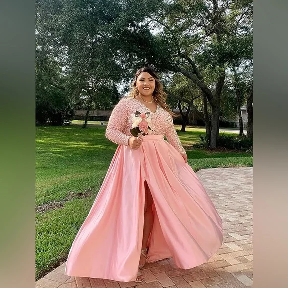 CV Neck Long Sleeve Prom Dress Slit Sequin Satin Formal Evening Gown - Picture 4 of 13